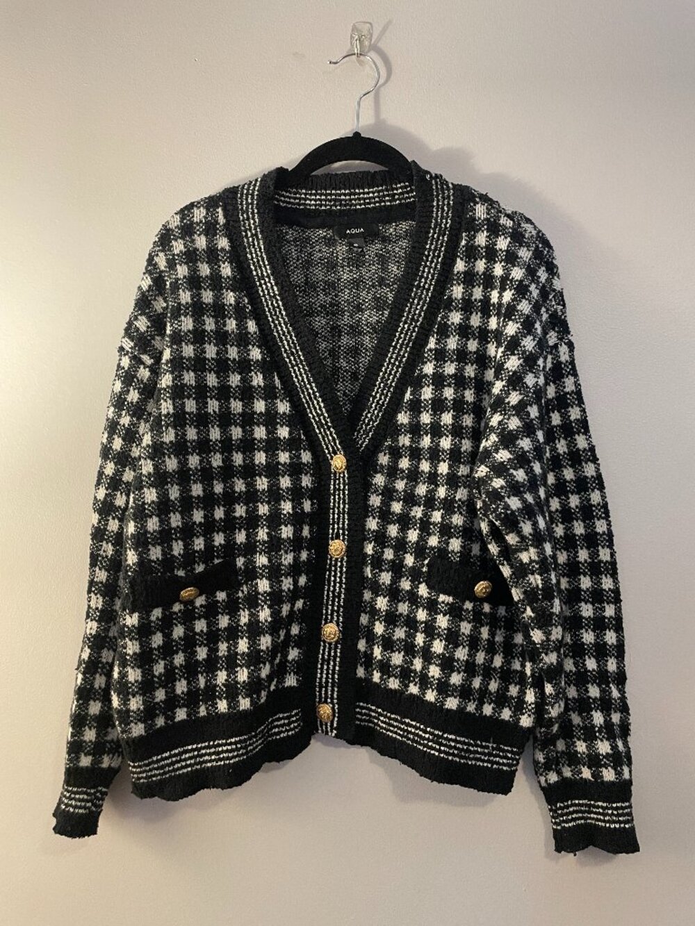 AQUA black and white checkered sweater cardigan with gold buttons